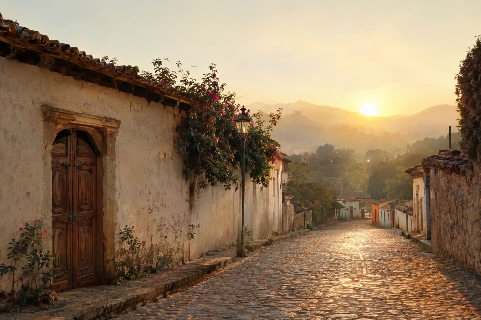 Calle empedrada de un pueblo de Oaxaca al amanecer