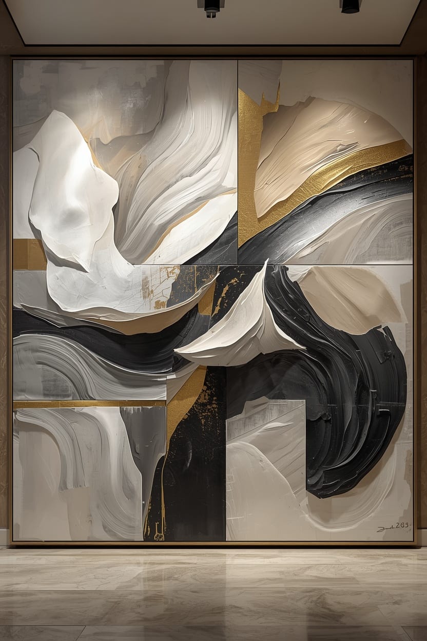 Pintura abstracta sobre creación humana, en blanco, negro y oro