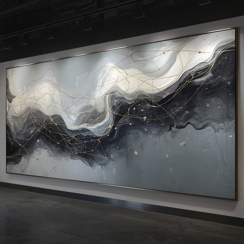 Pintura abstracta que representa inteligencia artificial mediante líneas y nodos dorados