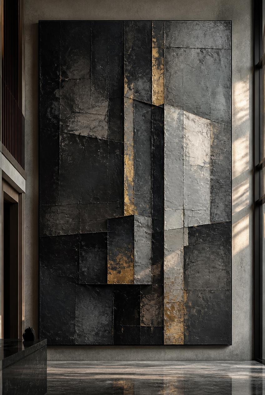 Pintura abstracta de planos arquitectónicos en negro, gris y oro