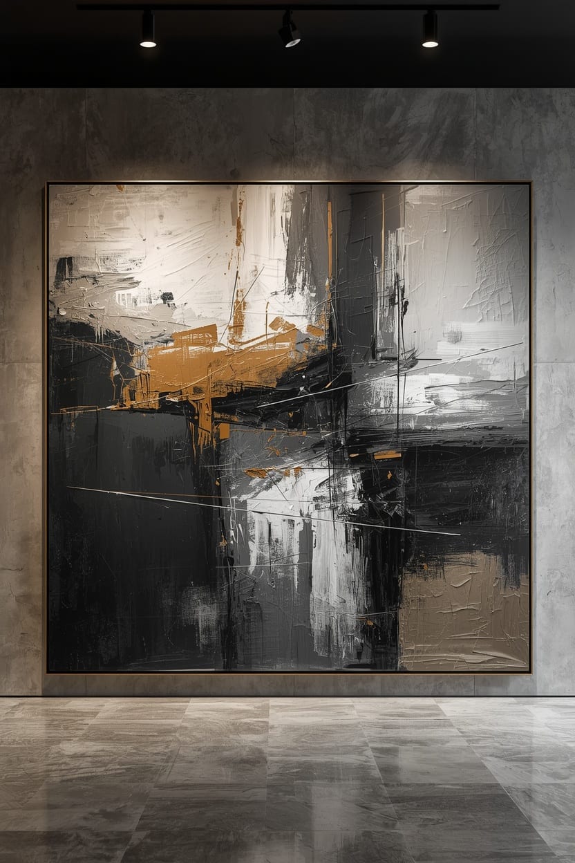 Pintura abstracta expresionista sobre el proceso creativo, en negro, blanco y naranja